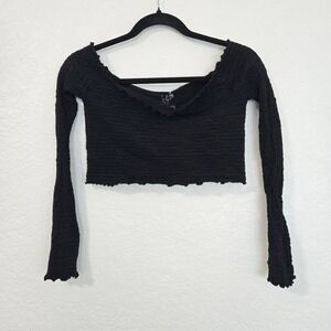Free People Black Crinkle Off Shoulder Long Sleeve Cropped Top M